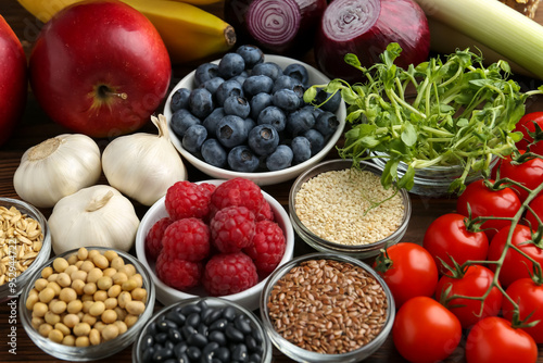 Different fresh products on table, closeup. Source of prebiotics