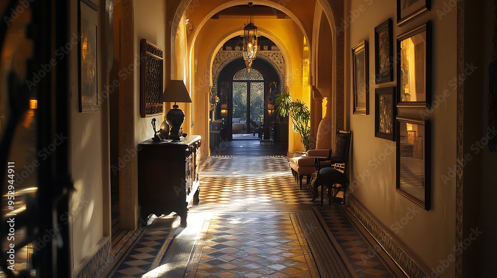Obraz premium Sunlit Hallway with Archway and Artwork in a Luxurious Home