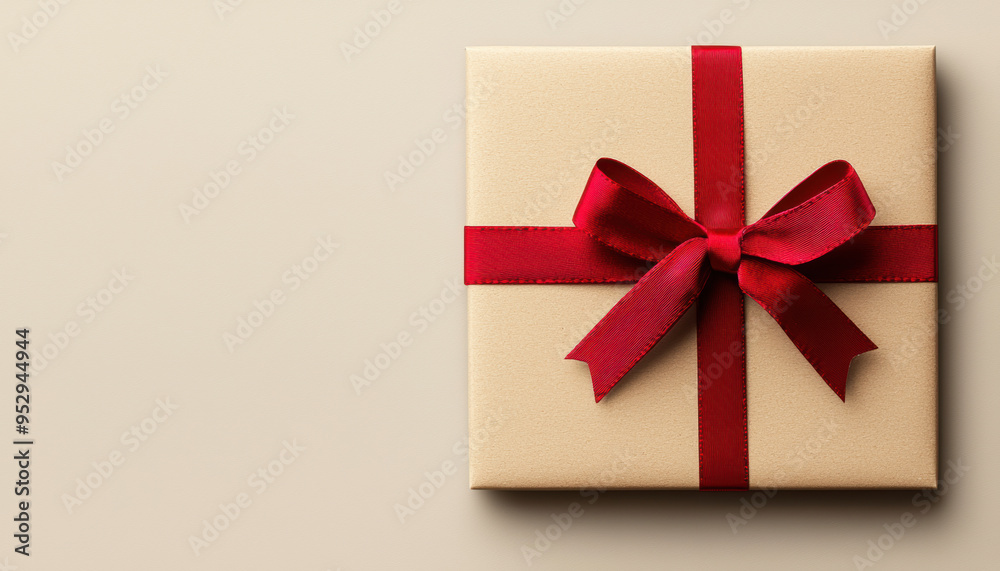 Elegant gift box with red ribbon on beige background, perfect for celebrations, holidays, and special occasions.