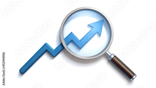 a magnifying glass highlighting a rising arrow in a search bar, symbolizing the impact of SEO on visibility and growth.