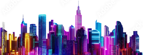 Neon city skyline with illuminated buildings, a futuristic metropolis panorama cyberpunk architecture isolated, glowing against transparent background
