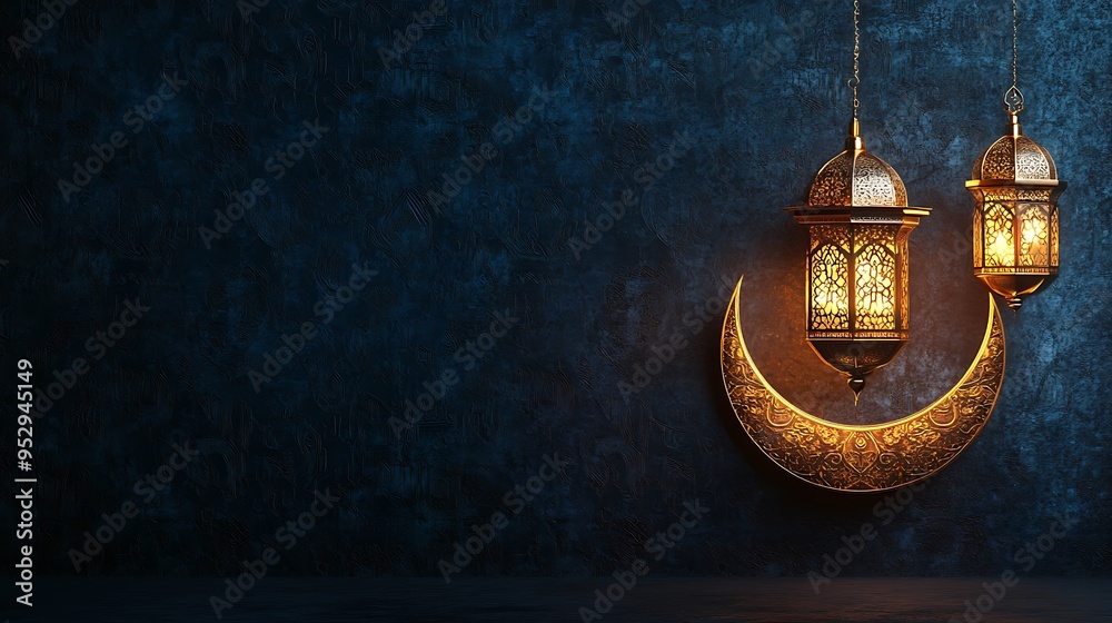 Ornate Lanterns and Crescent Moon on a Dark Blue Wall Ornate Lanterns and Crescent Moon on a Dark Blue Wall