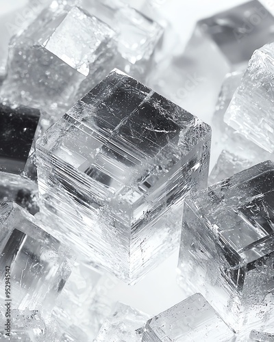 Extreme close-up of sodium bromide crystals, cubic structure clear, on white backdrop