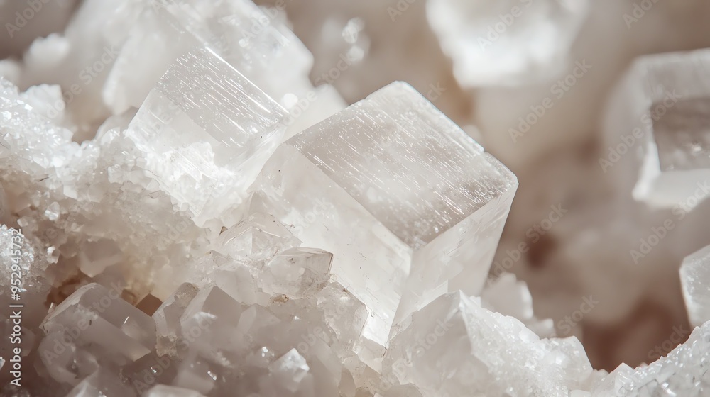 Close-up of white, crystalline salt crystals with soft lighting. Close-up of white, crystalline salt crystals with soft lighting.