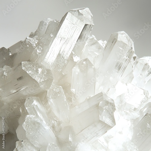 Ultra-close view of barium chloride crystals, white orthorhombic structure clear, on white backdrop