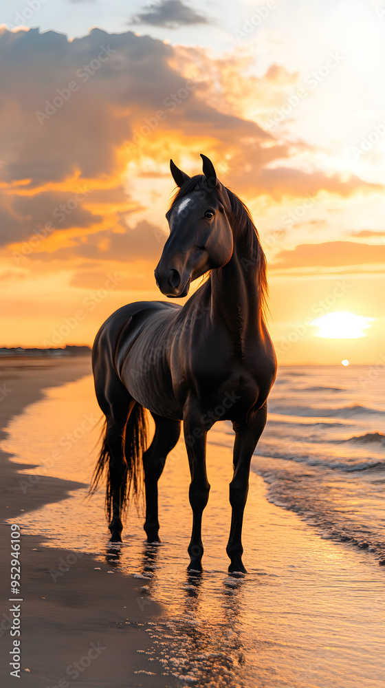 Black Horse Standing Majestically on the Beach Stunning Coastal Photography Black Horse Standing Majestically on the Beach Stunning Coastal Photography