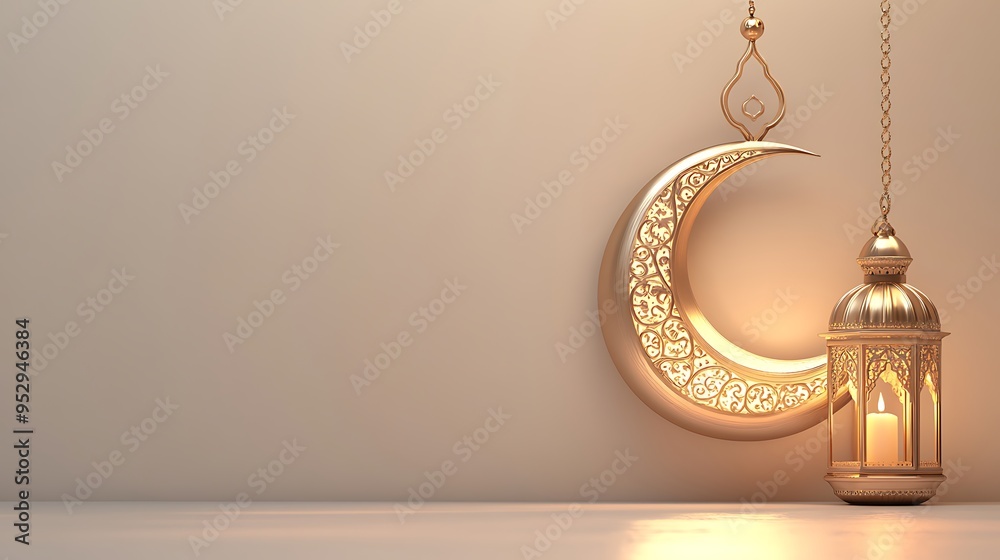 Golden Crescent Moon and Lantern with Intricate Designs Golden Crescent Moon and Lantern with Intricate Designs