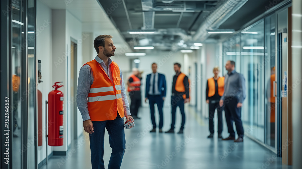 Fototapeta premium A team conducts a safety inspection in an office hallway, with a focus on fire safety and ensuring a secure working environment