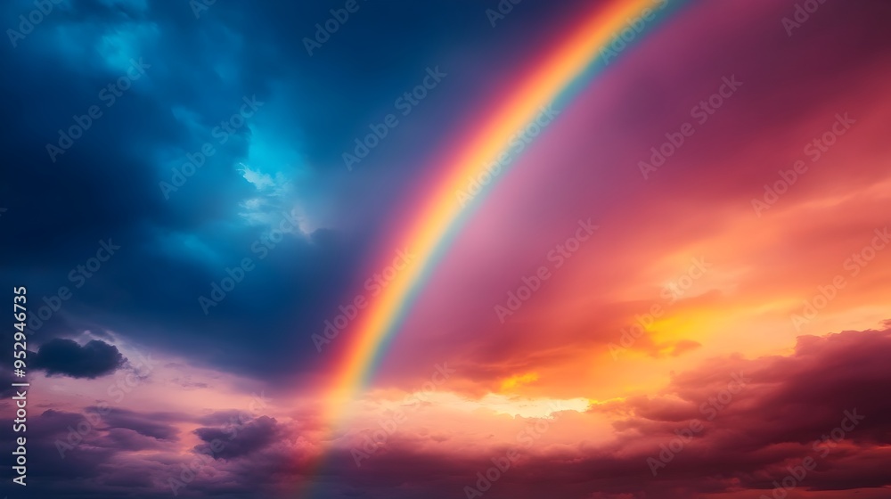 Dramatic rainbow across moody cloud filled sky after summer rainstorm Dramatic rainbow across moody cloud filled sky after summer rainstorm