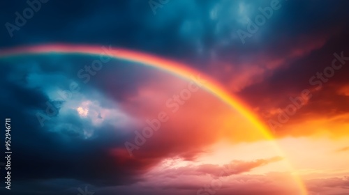 Dramatic rainbow arcing across moody cloud filled sky after summer rainstorm