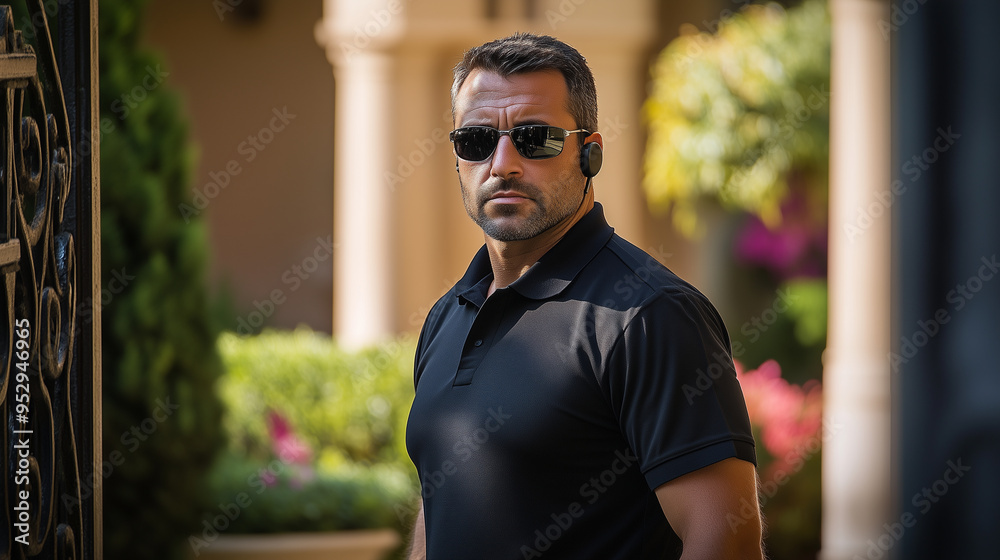 A serious security guard wearing sunglasses and an earpiece, standing alert on duty in an outdoor environment, emphasizing vigilance and professionalism A serious security guard wearing sunglasses and an earpiece, standing alert on duty in an outdoor environment, emphasizing vigilance and professionalism