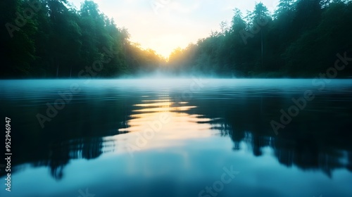 Ethereal Mist Drifting Across Tranquil Lake at Dawn Serene Woodland Landscape in Pictorialist Style photo