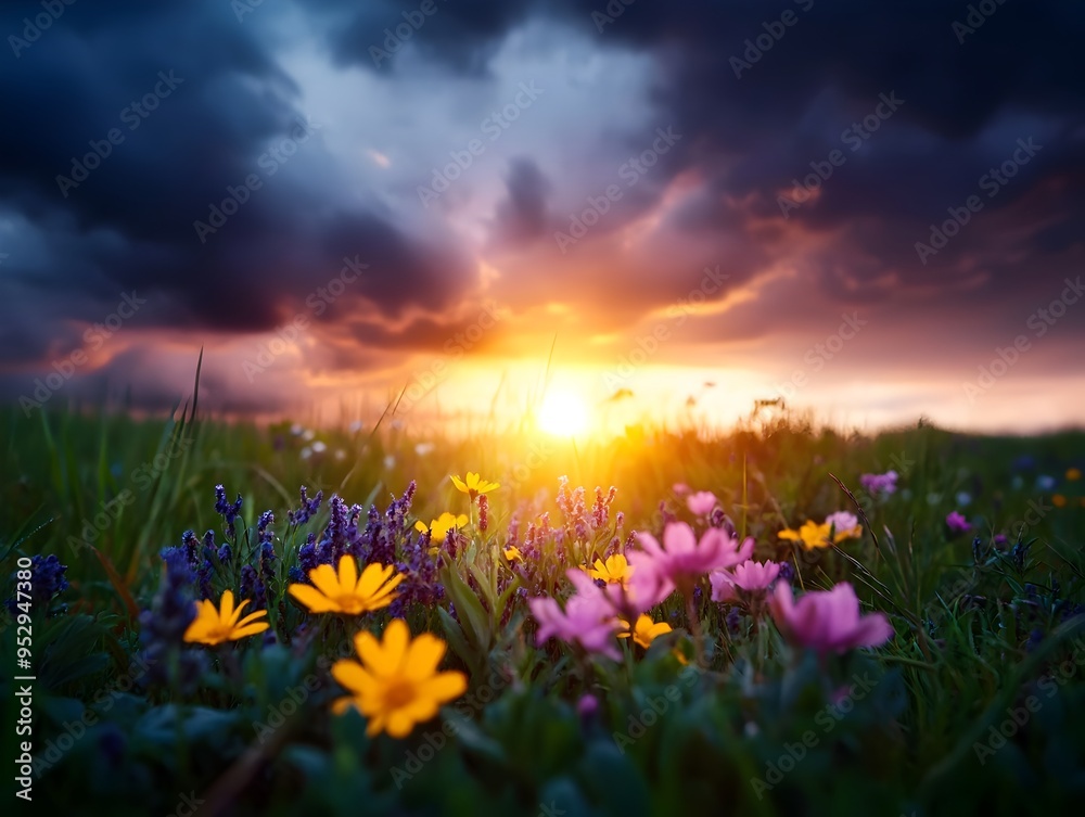 Fototapeta premium Dramatic Sunbeams Piercing Through Parting Storm Clouds Over Tranquil Meadow of Diverse Wildflowers and Grassy Knolls