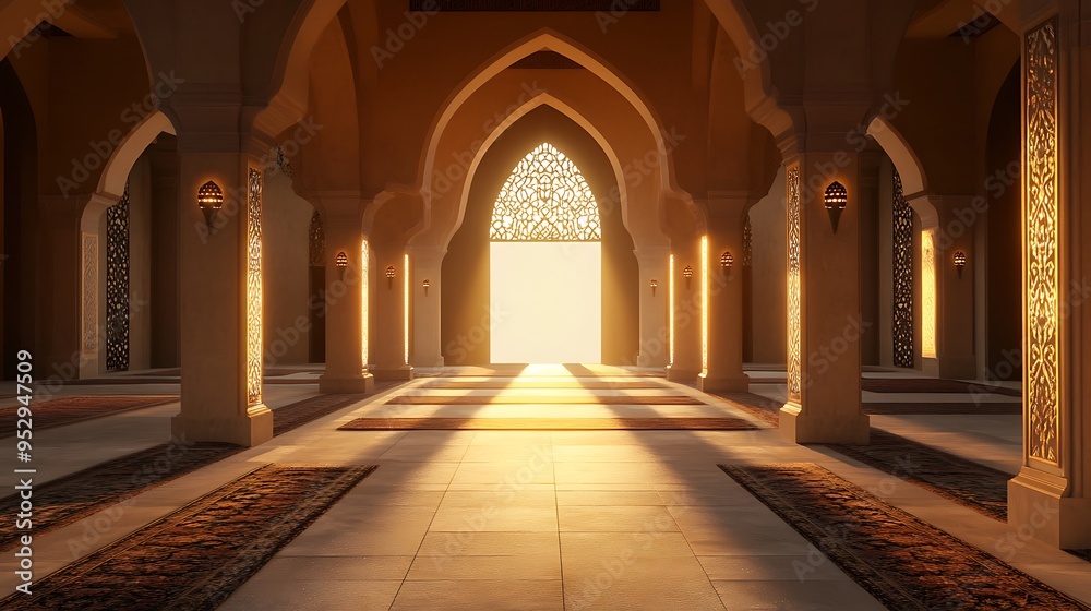 Obraz premium A sunlit interior of a grand mosque with ornate arches