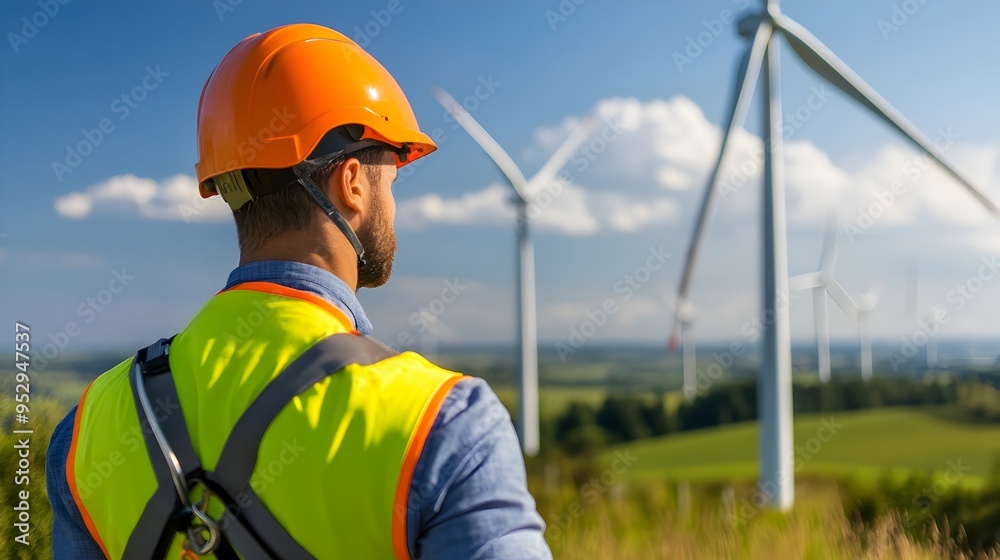 Hardworking Engineer in Safety Harness Focused on Wind Turbine Maintenance Vast Wind Farm and Clear Blue Skies Showcasing Sustainability Hardworking Engineer in Safety Harness Focused on Wind Turbine Maintenance Vast Wind Farm and Clear Blue Skies Showcasing Sustainability