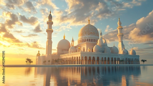 White Mosque with Golden Domes and Minarets Reflecting in Still Water at Sunset photo