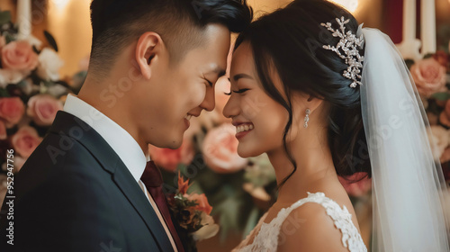 Happy Asian young couple wedding, a beautiful bride and groom smiling in a romantic portrait, man and woman celebrating marriage, joy and love, traditional ceremony filled with happiness and style photo