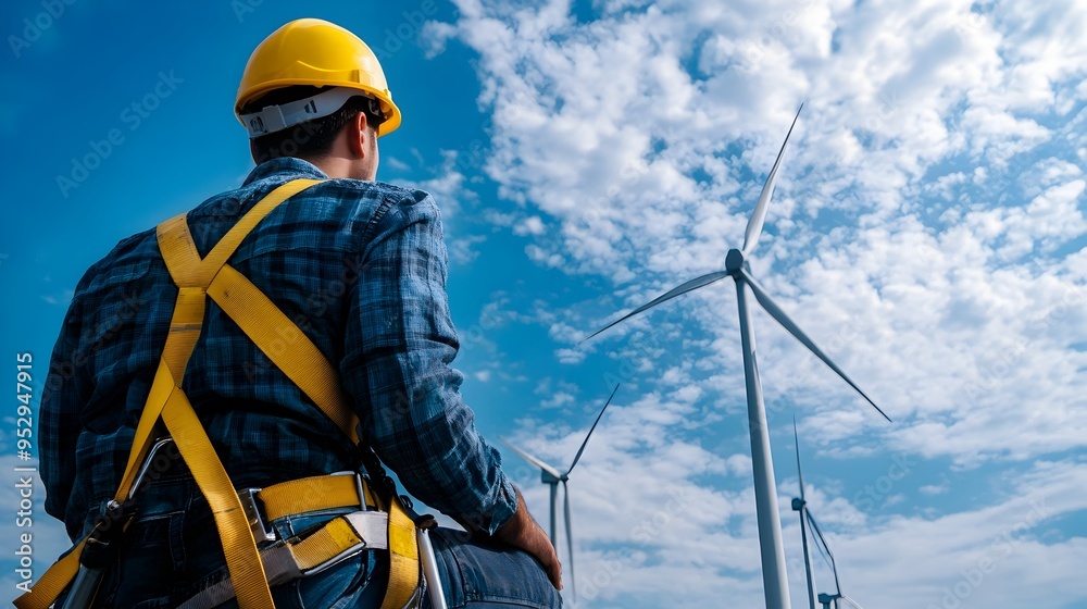 Wind Turbine Engineer Ascending Tall Ladder Wearing Safety Gear in Scenic Countryside Wind Turbine Engineer Ascending Tall Ladder Wearing Safety Gear in Scenic Countryside