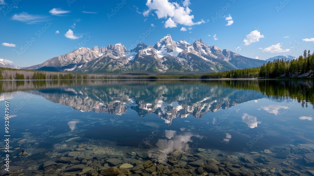 Fototapeta premium Majestic mountain range reflecting in a crystal-clear lake