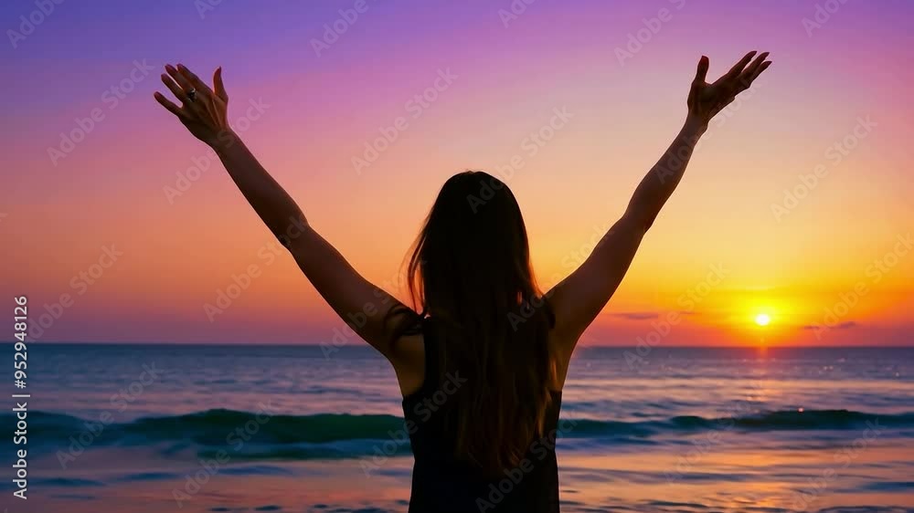 Woman with long hair raises her arms joyfully while celebrating a stunning sunset at the beach. Vibrant colors fill the sky, creating a serene and inspirational atmosphere Woman with long hair raises her arms joyfully while celebrating a stunning sunset at the beach. Vibrant colors fill the sky, creating a serene and inspirational atmosphere