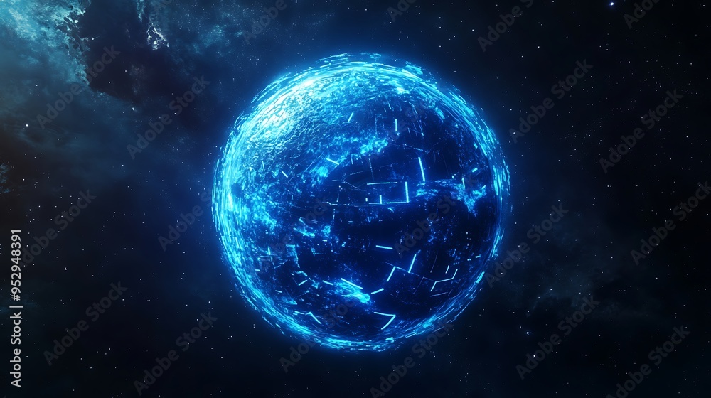 Obraz premium Glowing Blue Sphere in a Starry Sky