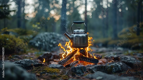 A kettle sits on a campfire in a forest, steaming.