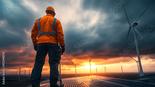 Wind Turbine Technician Inspecting and Maintaining Blades on a Raised Service Platform with Dramatic Cloudy Sky photo