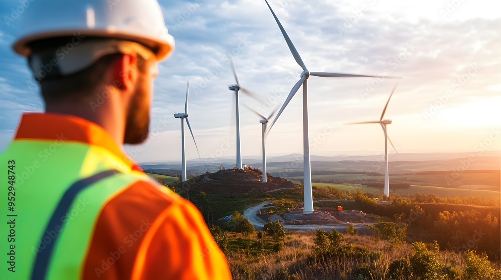 Team of Engineers Planning a Wind Farm Project in a Vast Sustainable Landscape Team of Engineers Planning a Wind Farm Project in a Vast Sustainable Landscape