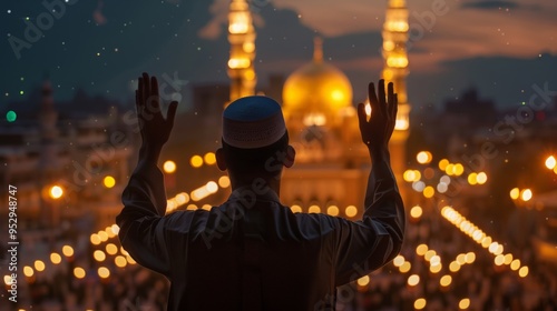 Man making dua (supplication) with hands raised after iftar photo