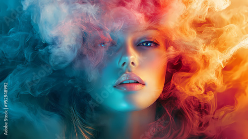 Portrait of a woman with colorful smoke emanating from her hair and eyes, creating a mesmerizing and unique visual effect. Ethereal. Illustration