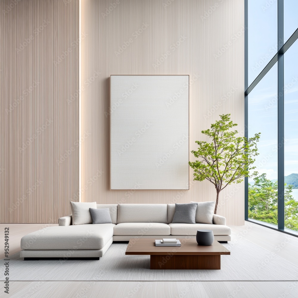 Fototapeta premium Elegant Modern Living Room with Natural Light and Geometric Design Elements