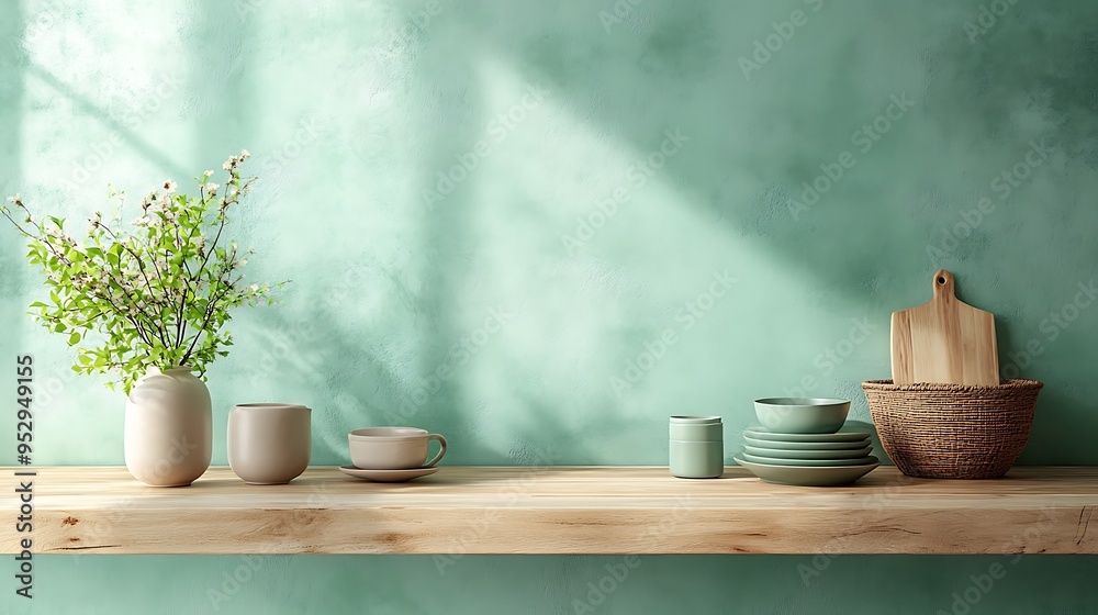 Minimalist Kitchen Shelf with Green Accents Minimalist Kitchen Shelf with Green Accents