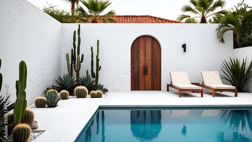  a small pool with turquoise water in the foreground, surrounded by a light beige stone patio.