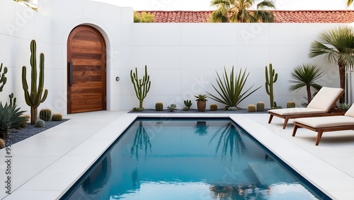  a small pool with turquoise water in the foreground, surrounded by a light beige stone patio.