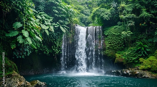 Majestic waterfall surrounded by lush greenery