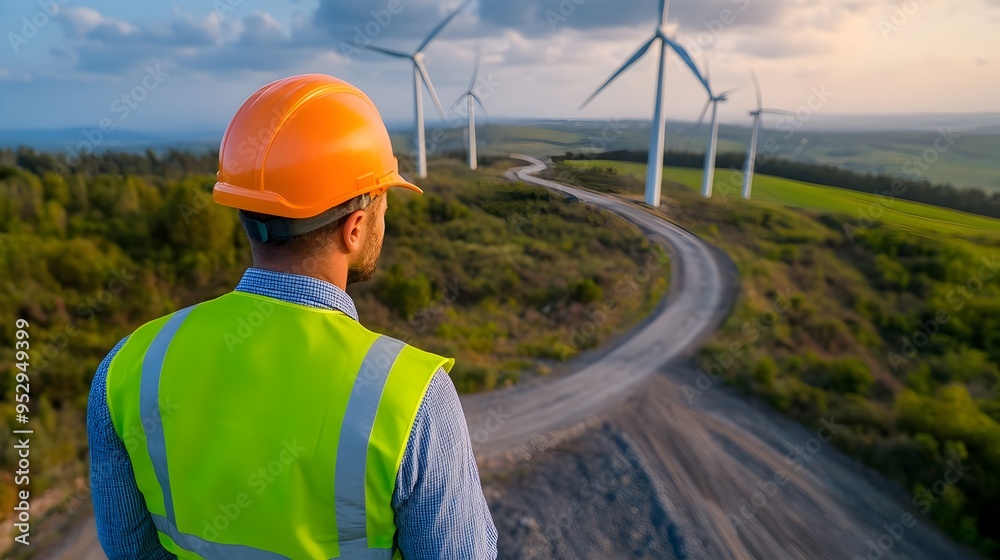 Diligent Wind Turbine Engineer Conducting Meticulous Safety Check in Scenic Countryside Landscape Diligent Wind Turbine Engineer Conducting Meticulous Safety Check in Scenic Countryside Landscape