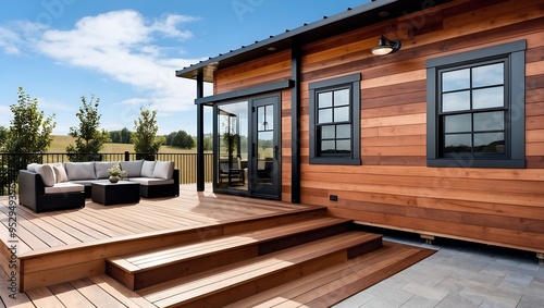 Style and type: Outdoor patio area with a modern, rustic design. Layout: The space features a wooden deck with a seating area in front of a small wooden cabin.