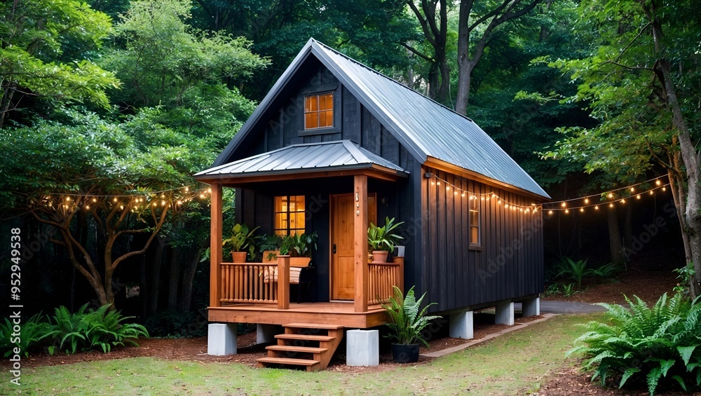 rustic cabin nestled in a lush forest setting. The cabin has a dark wooden exterior with a steep, metal gabled roof. rustic cabin nestled in a lush forest setting. The cabin has a dark wooden exterior with a steep, metal gabled roof.