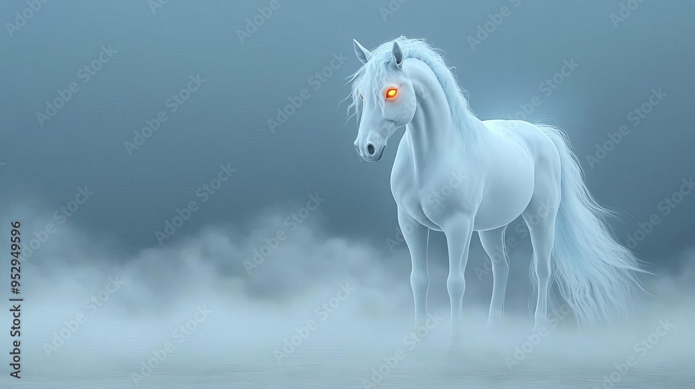 Ghostly unicorn with glowing eyes, haunting a misty graveyard, 3D illustration Ghostly unicorn with glowing eyes, haunting a misty graveyard, 3D illustration