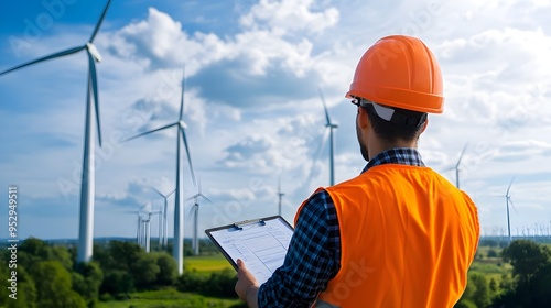 Engineer Analyzing Wind Patterns Onsite Towering Turbines Below Commitment to Sustainable Energy