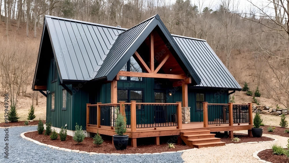 rustic cabin nestled in a lush forest setting. The cabin has a dark wooden exterior with a steep, metal gabled roof. rustic cabin nestled in a lush forest setting. The cabin has a dark wooden exterior with a steep, metal gabled roof.