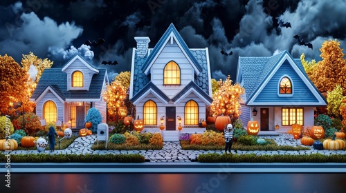 Halloween street scene with houses decorated with spooky lights, trick-or-treaters, 3D illustration photo