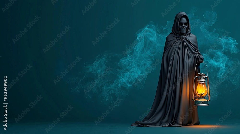 Mysterious figure in a cloak holding a lantern, dark Halloween night, 3D illustration Mysterious figure in a cloak holding a lantern, dark Halloween night, 3D illustration