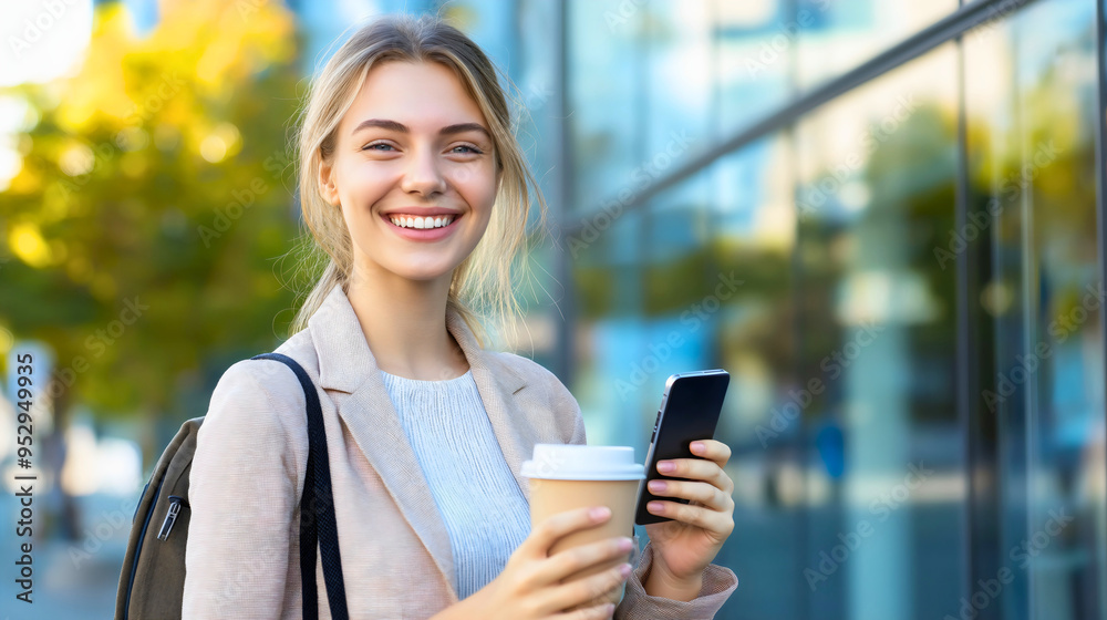 Confident businesswoman holding a takeaway coffee cup and using a smartphone on a city street, a happy and attractive professional showcasing a positive corporate work lifestyle in morning Confident businesswoman holding a takeaway coffee cup and using a smartphone on a city street, a happy and attractive professional showcasing a positive corporate work lifestyle in morning