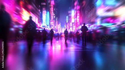 Neon drenched City Street Alive with Pulsing Lights and Urban Energy