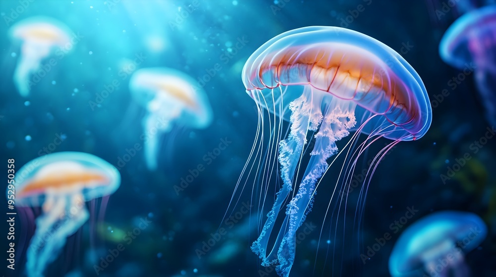 Fototapeta premium Glowing Jellyfish Illuminating the Depths of the Captivating Blue Ocean Surreal Bioluminescent Display of Ethereal Marine Creatures