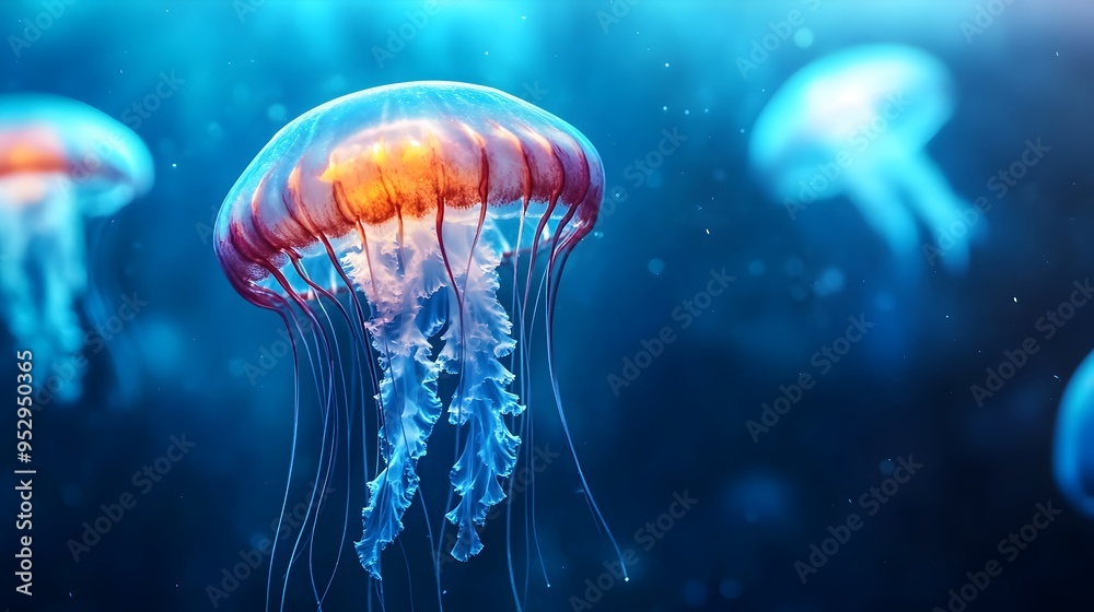 Fototapeta premium Glowing Ethereal Jellyfish Drifting in Mesmerizing Deep Blue Ocean Underwater Scene