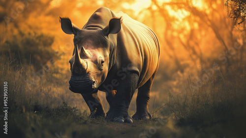 Majestic rhino animal, a big and endangered rhinoceros species in the wild African safari, horn and the importance of wildlife conservation in zoo photo