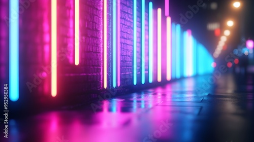 Glowing Neon Lit Abstract Urban Nightscape with Futuristic Signage and Vibrant Pulsing Lights