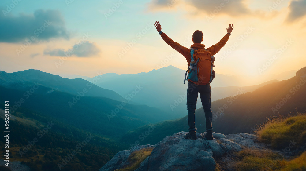 A man stands at the top of a mountain, spread arms and outstretched hands in freedom, celebrating his adventure and success while enjoying the breathtaking view of nature and the sky A man stands at the top of a mountain, spread arms and outstretched hands in freedom, celebrating his adventure and success while enjoying the breathtaking view of nature and the sky